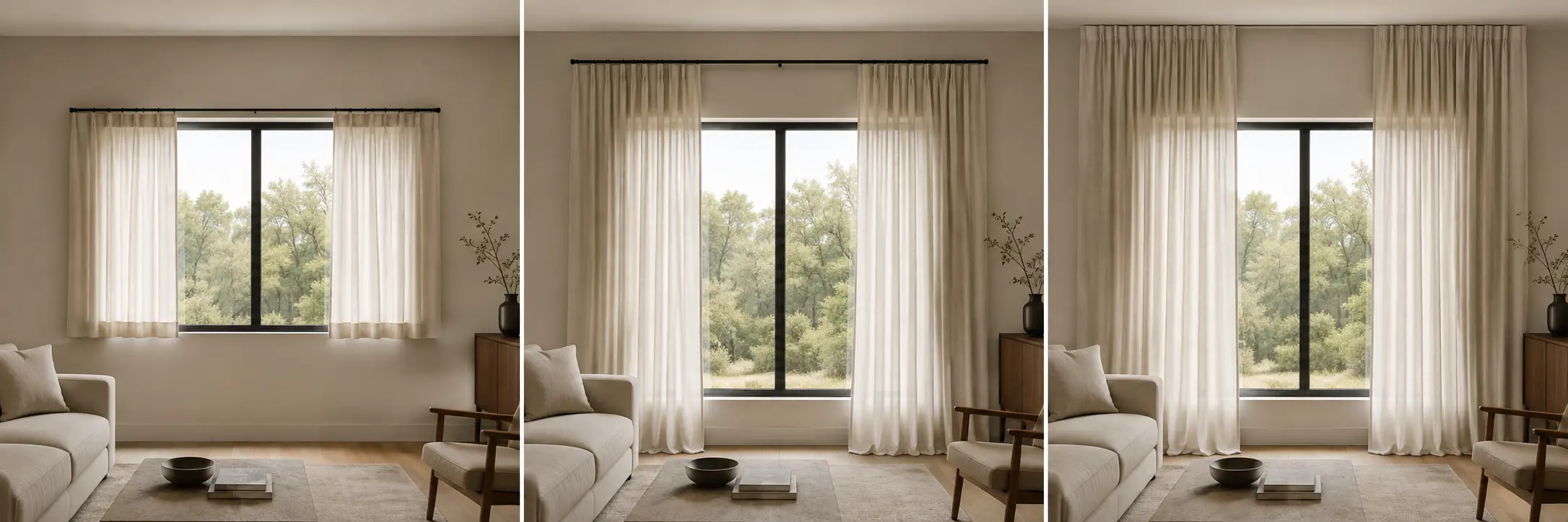 Comparación de cortinas instaladas a la ventana, cerca del techo y de techo a piso