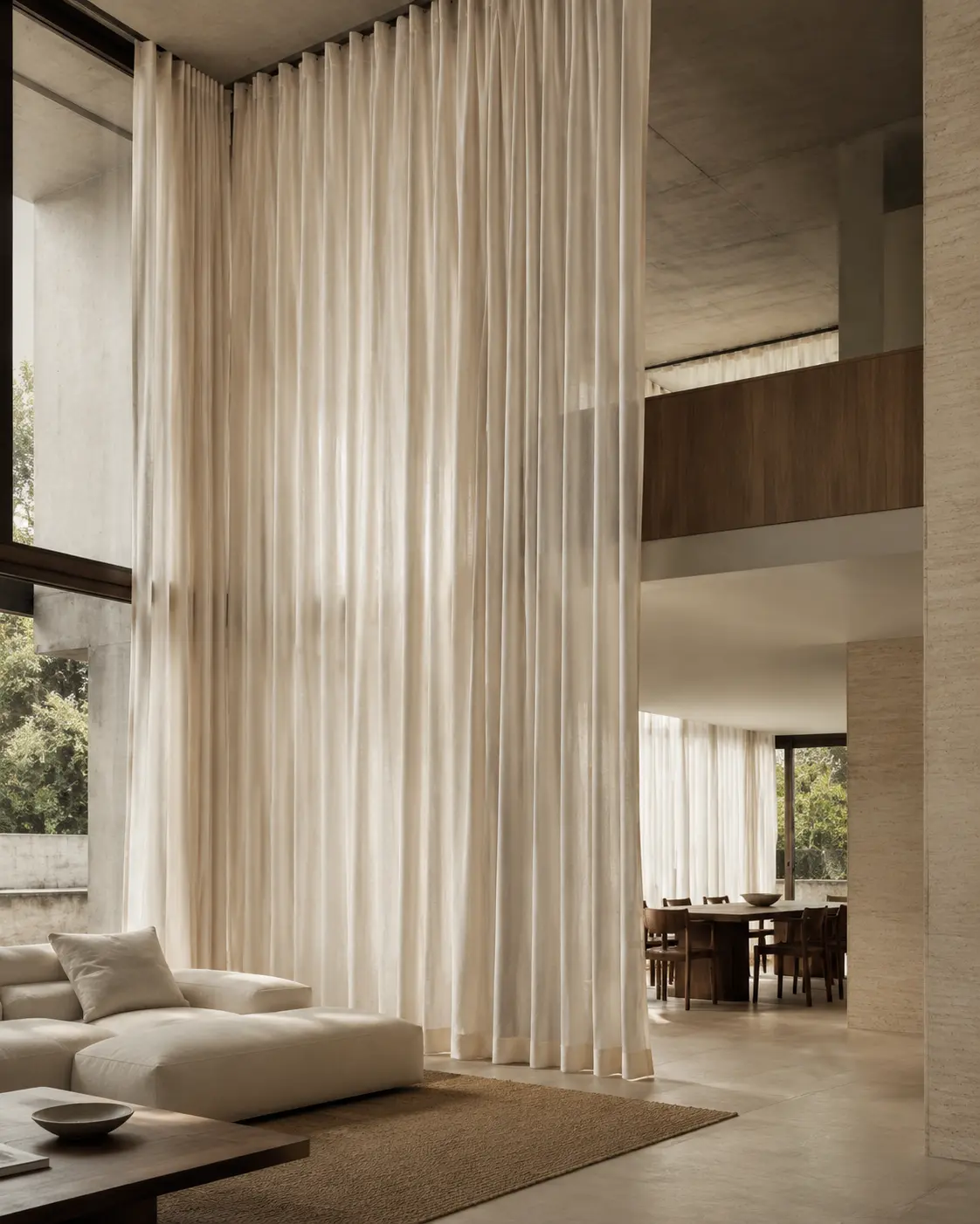 Residencia de doble altura vestida con cortinas de lino de techo a piso