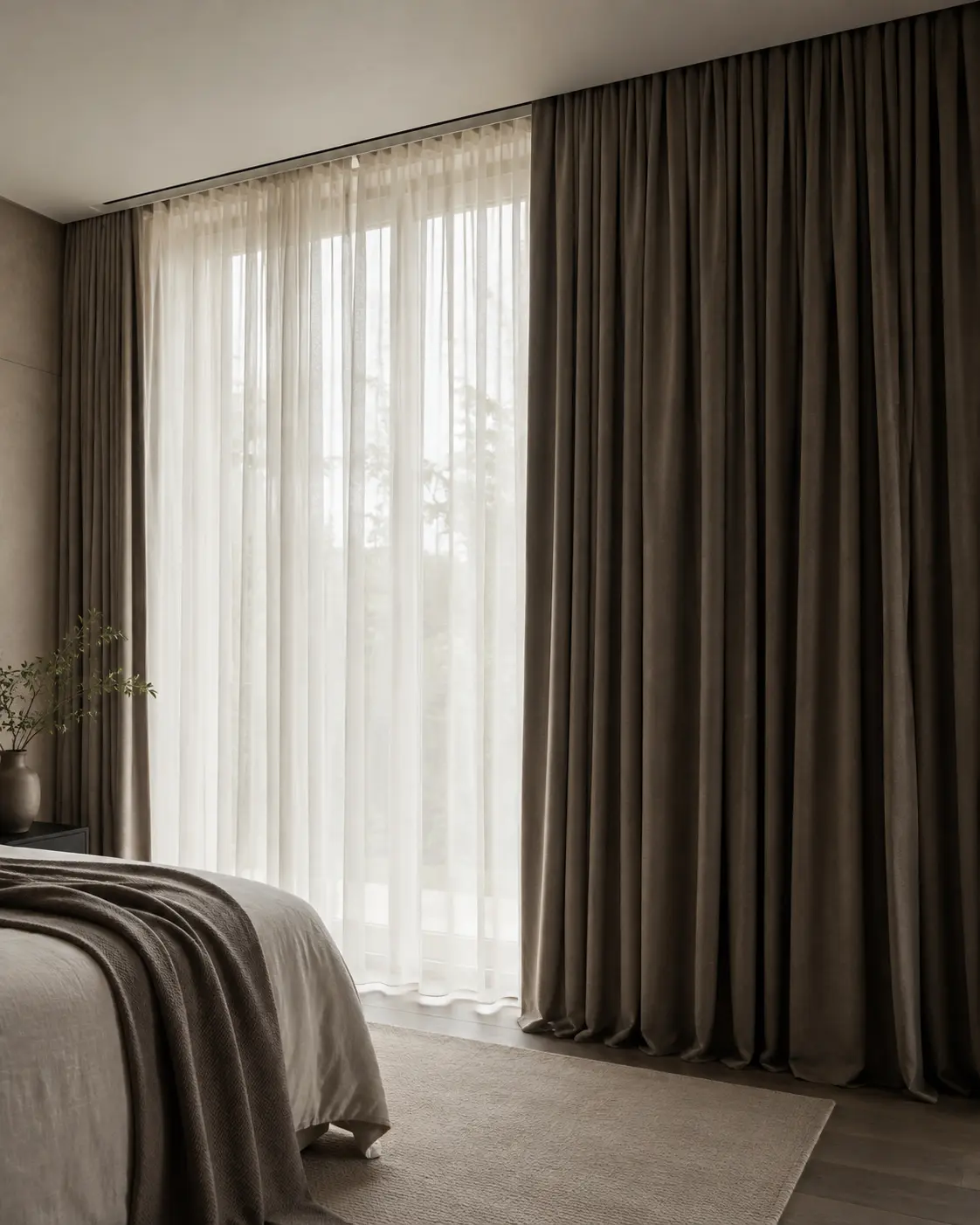 Cortina hotelera de doble capa con visillo y blackout